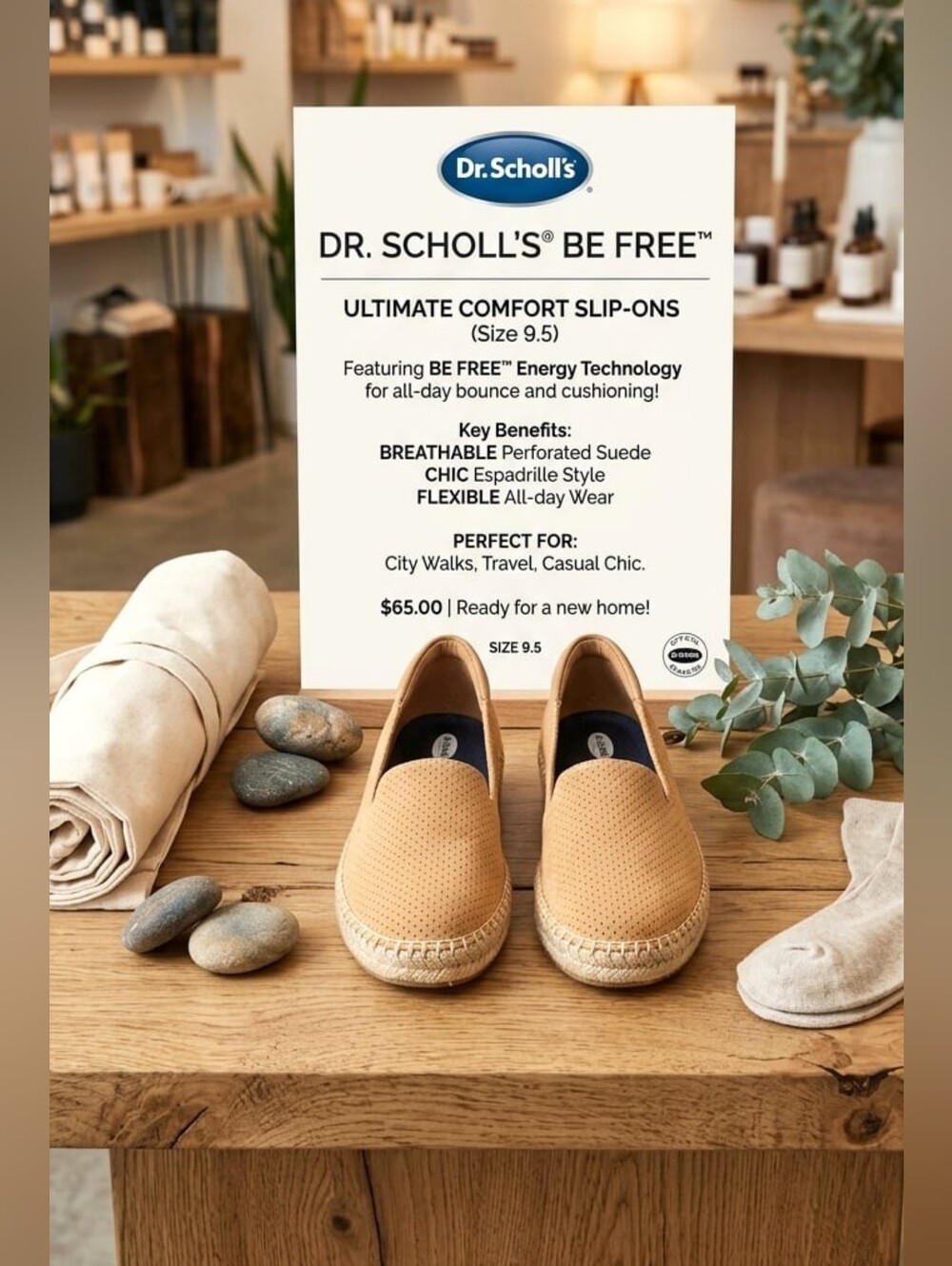 Dr Scholls Somerset Espadrille Slip-On Sneaker Tan Faux-Suede W 9.5 Free Comfort